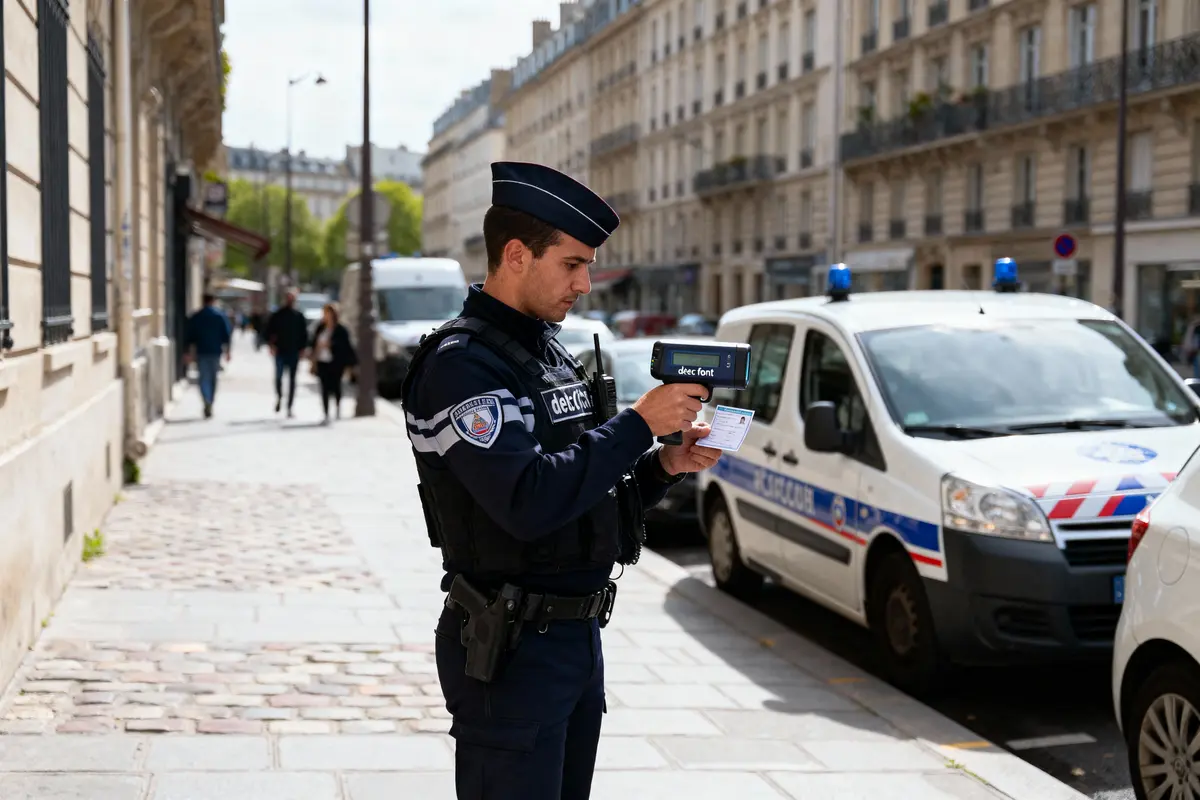 Policier français contrôlant une pièce d'identité, rue bordée d'immeubles, véhicule de police stationné à proximité.