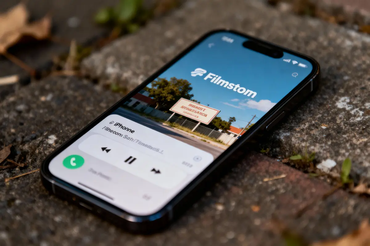 Smartphone posé sur sol extérieur, affichant l'application Filmstom avec musique en lecture sur écran.