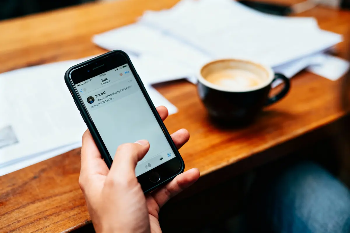 Personne tenant un smartphone lisant un message, avec café et documents sur table en bois.