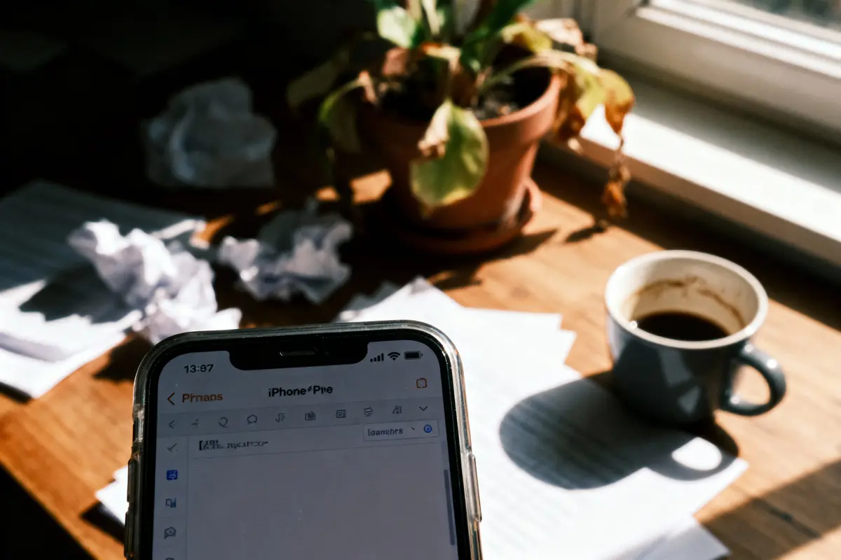 Smartphone affichant un e-mail, tasse de café, plante en pot sur bureau ensoleillé avec papiers froissés.