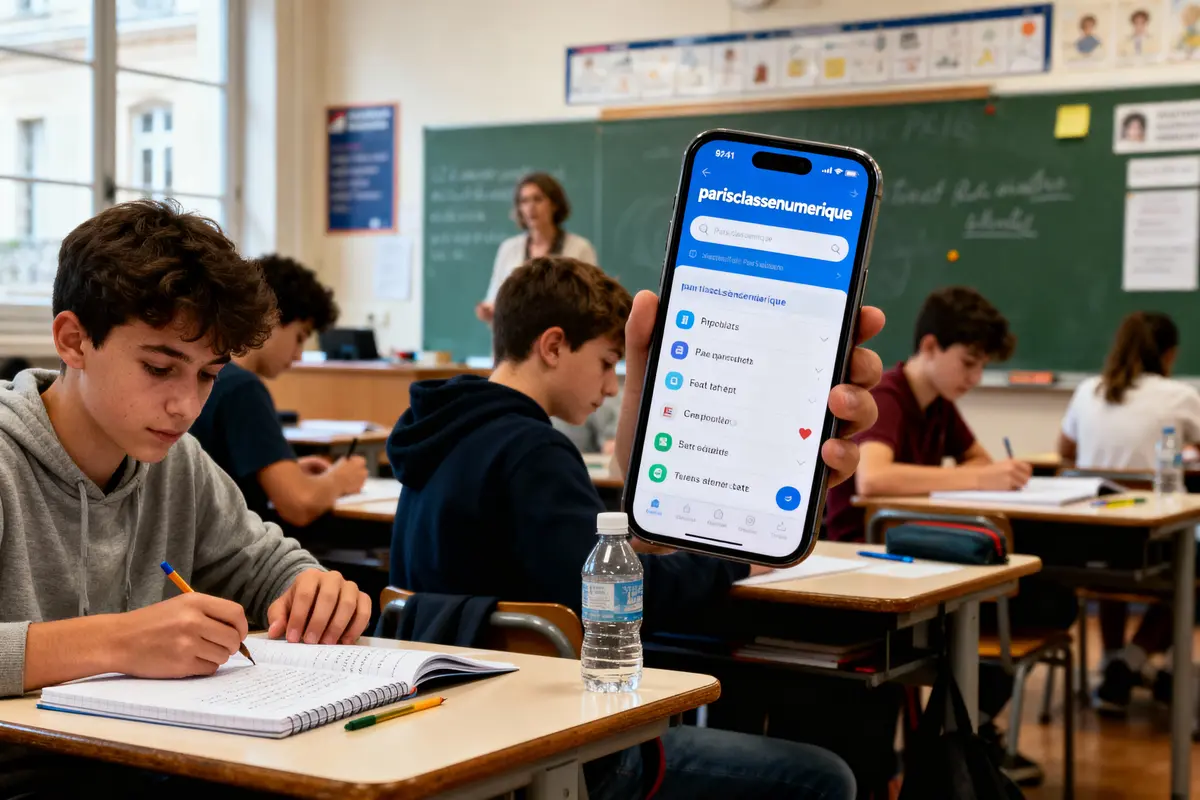 Élèves en classe utilisant une application éducative sur smartphone pendant un cours, professeur en arrière-plan, tableau noir visible.