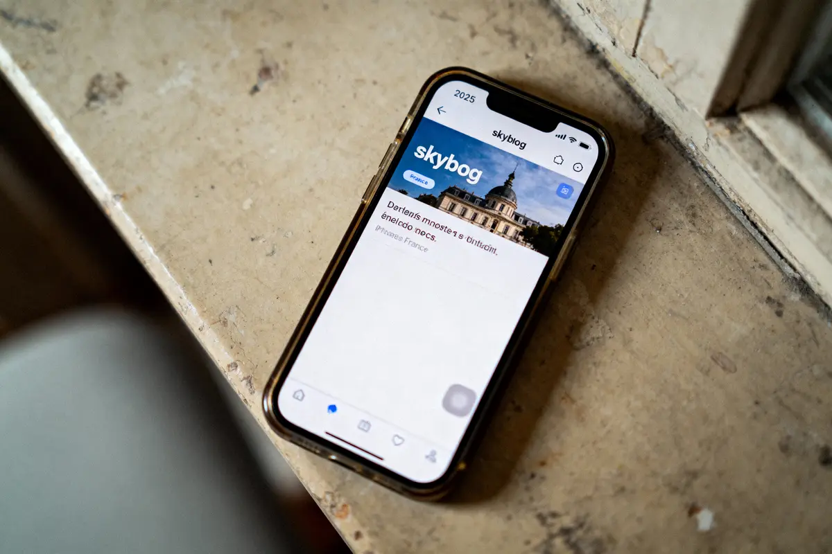 Smartphone affichant l'application "skyblog" avec une image de bâtiment sur un fond en bois clair.
