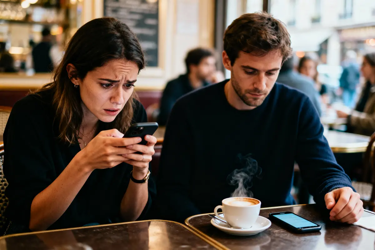 Femme préoccupée regardant son téléphone, homme pensif, café fumant sur la table, ambiance de café animé.