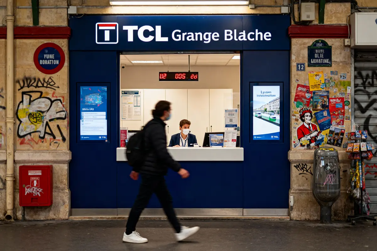 Guichet TCL Grange Blanche, homme masqué passant, affiches colorées, graffitis sur les murs environnants.