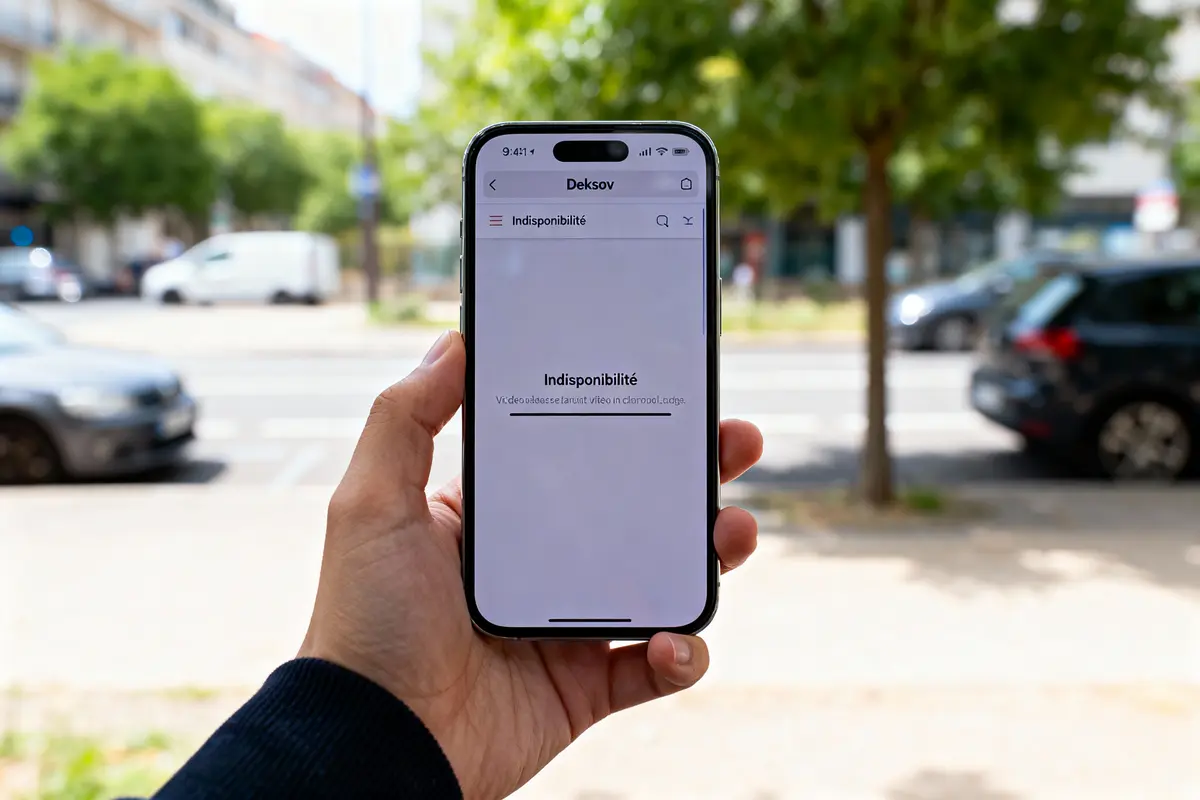 Personne tenant un smartphone affichant "Indisponibilité", flou de voitures et arbres à l’arrière-plan urbain.
