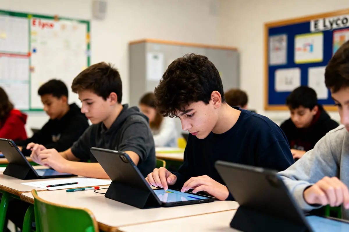 Des étudiants concentrés utilisent des tablettes en classe, assis à des bureaux, impliqués dans des activités scolaires.