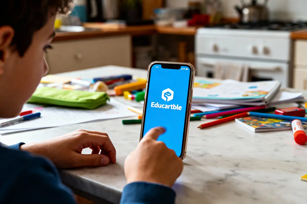 Enfant utilisant une application éducative sur smartphone, entouré de fournitures scolaires sur table.