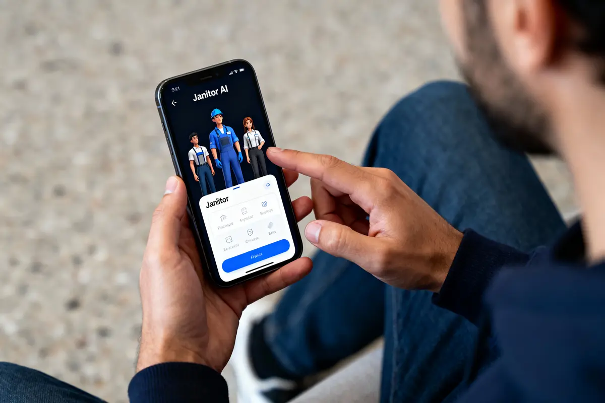 Personne utilisant une application de gestion "Janitor AI" sur smartphone, affichant des personnages en uniformes.
