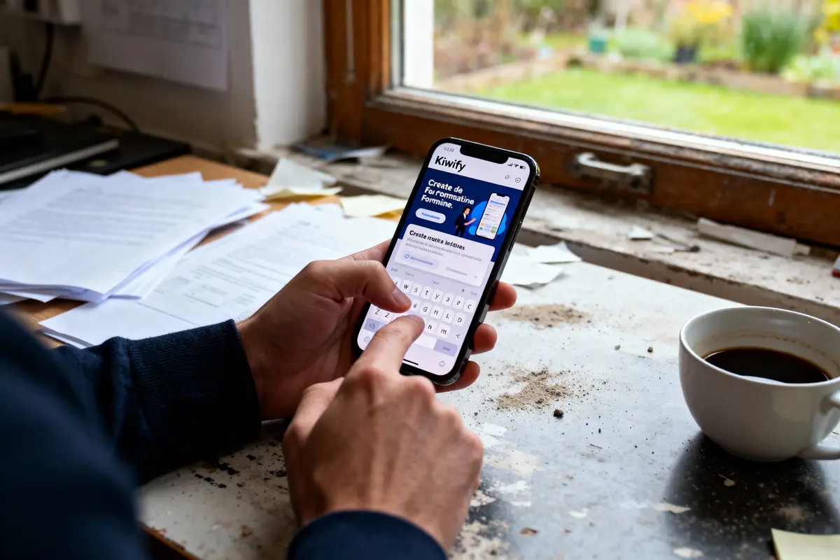 Personne utilisant un smartphone sur un bureau, près d'une fenêtre, avec des documents et une tasse de café.