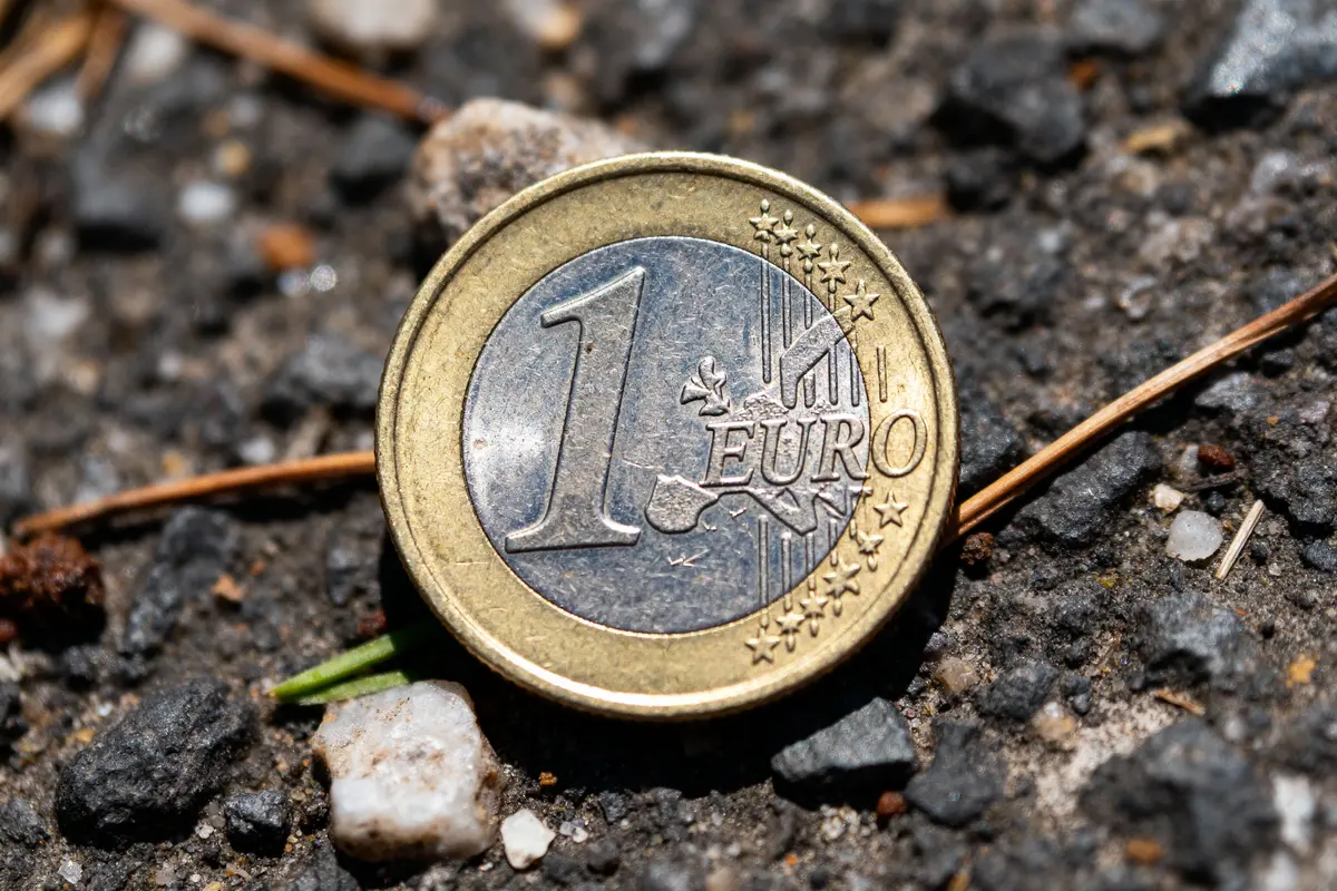 Pièce de 1 euro sur sol caillouteux, entourée de petites pierres et brindilles.