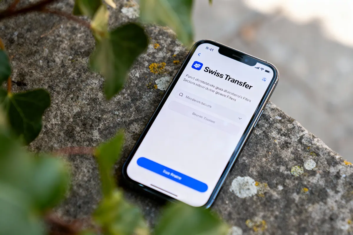 Smartphone affichant l'application Swiss Transfer posé sur un sol en pierre, avec feuillage en arrière-plan.