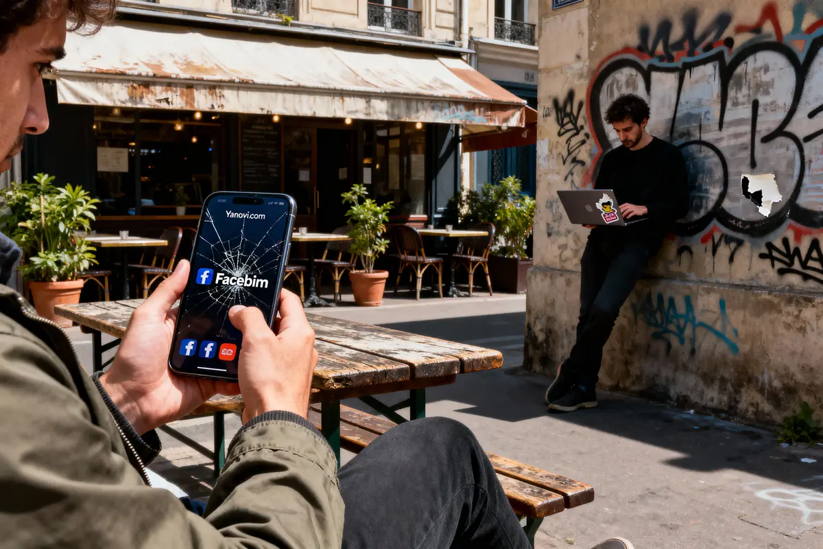 Deux hommes utilisent un smartphone et un ordinateur portable près d'un café extérieur, mur avec graffiti.