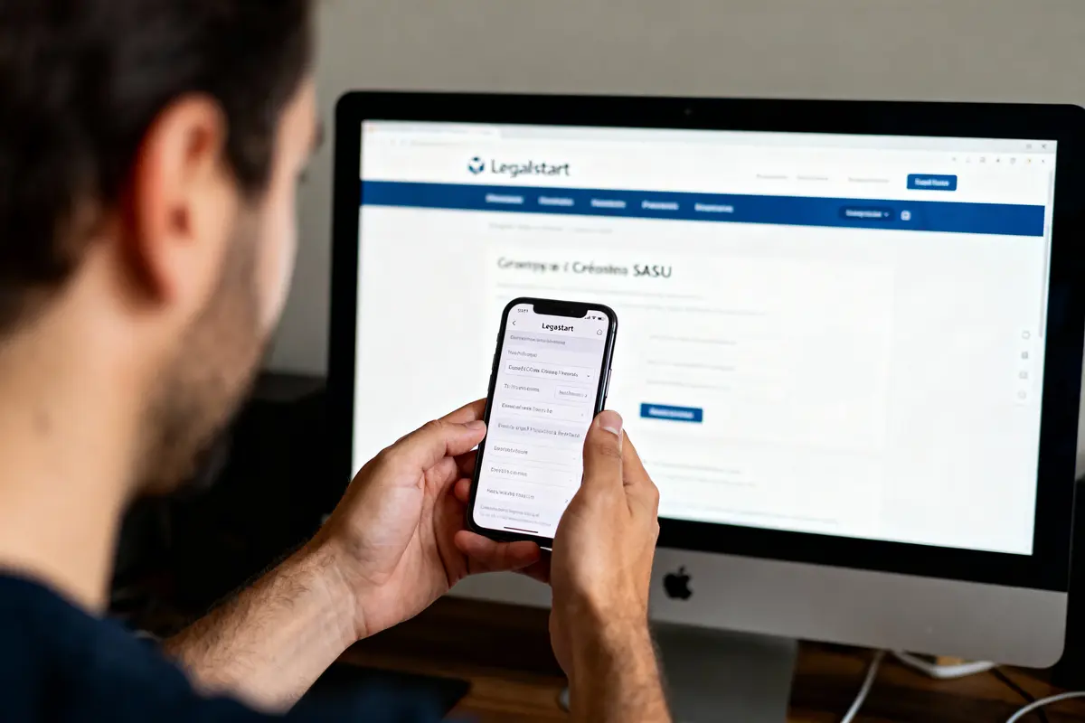 Homme utilisant un smartphone devant un écran d'ordinateur affichant le site Legalstart.