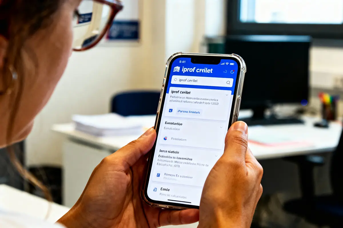 Personne utilise un smartphone pour accéder à l'application iProf, écran d'ordinateur flou en arrière-plan.