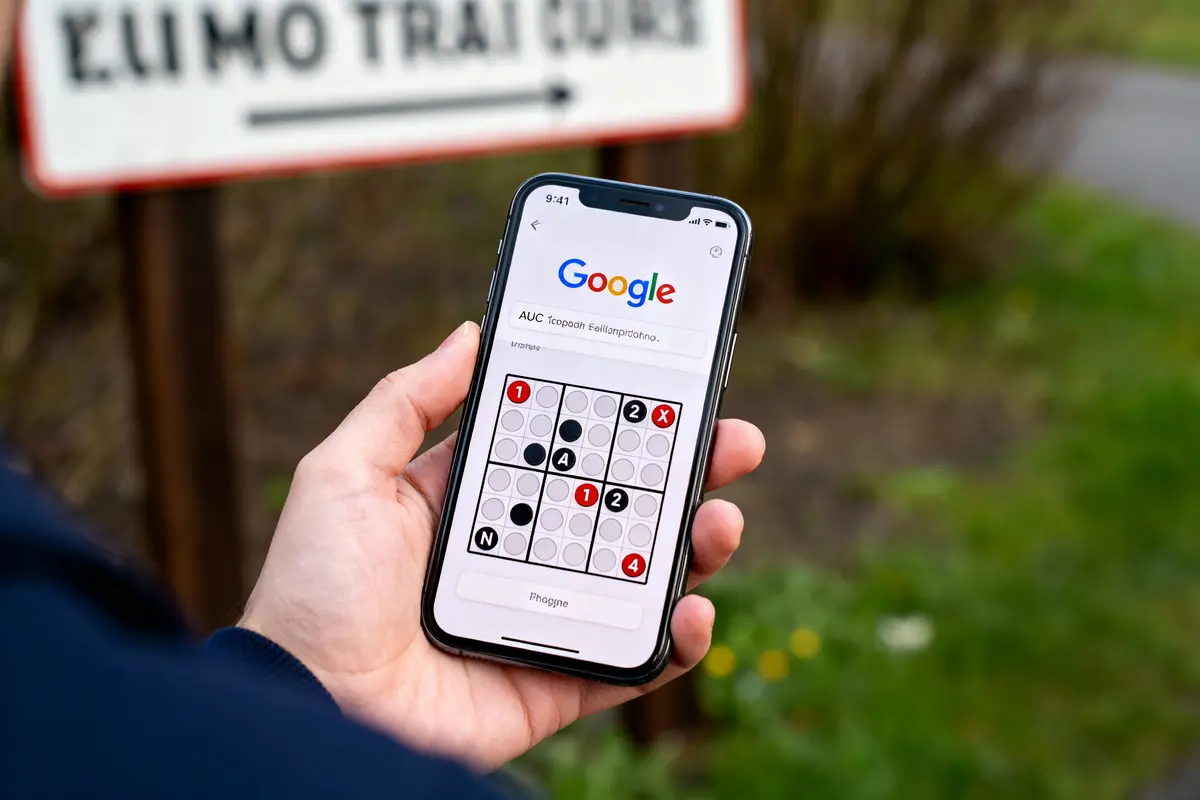Personne tenant un téléphone affichant un puzzle Google en extérieur avec panneau flou en arrière-plan.