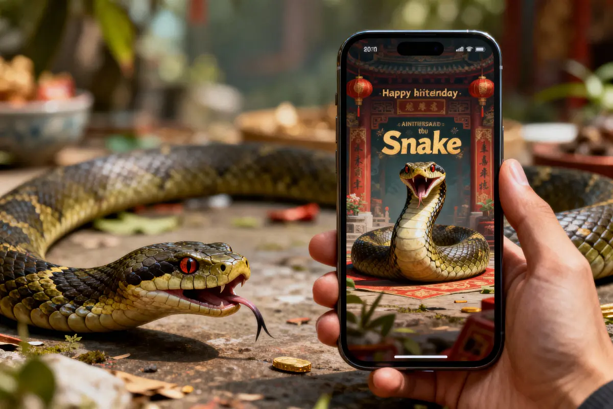 Serpent réaliste sur table, écran de smartphone montrant image similaire avec motif chinois en arrière-plan.