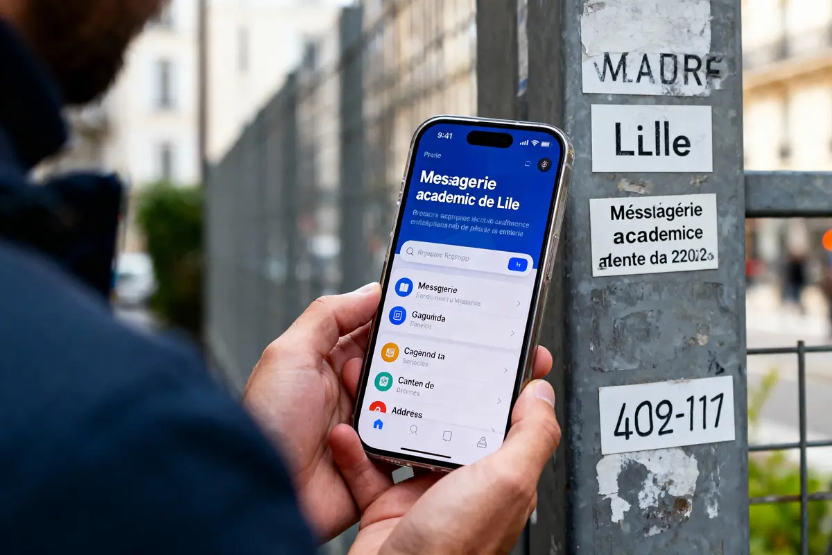 Personne tenant un smartphone avec écran "Messagerie académique de Lille" près d'une barrière avec écriteaux.