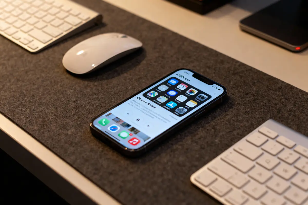 Smartphone avec écran principal affiché, entouré de clavier et souris blancs sur un bureau gris.