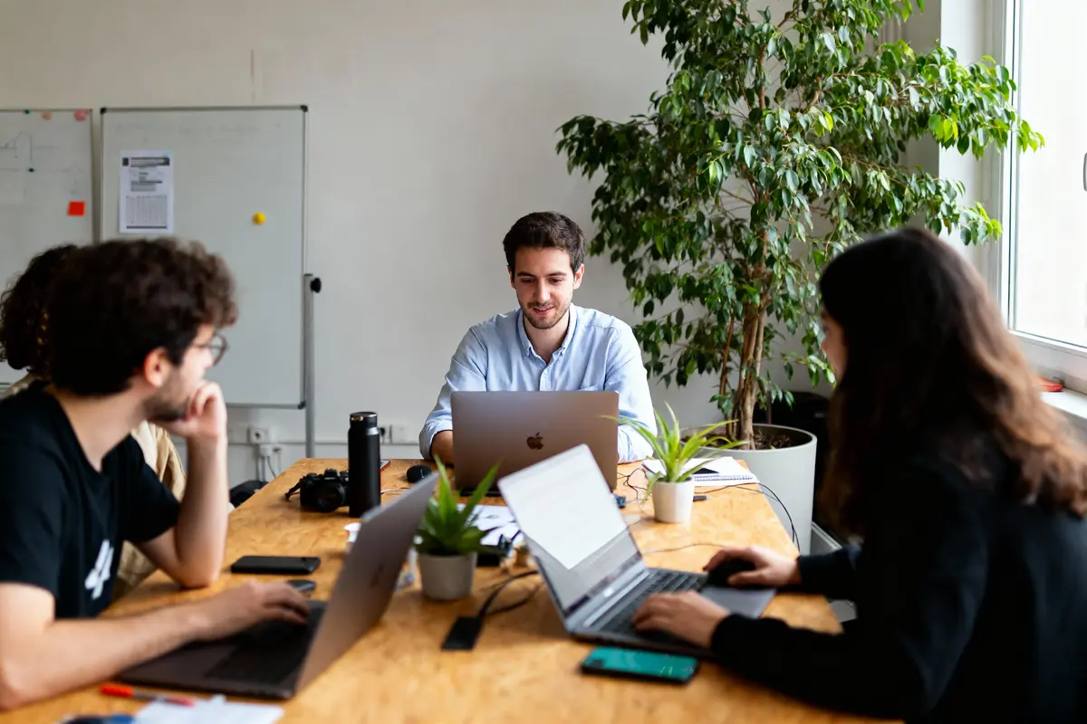 Trois personnes travaillent sur laptops autour d'une table, plantes vertes, tableau blanc, grande fenêtre.