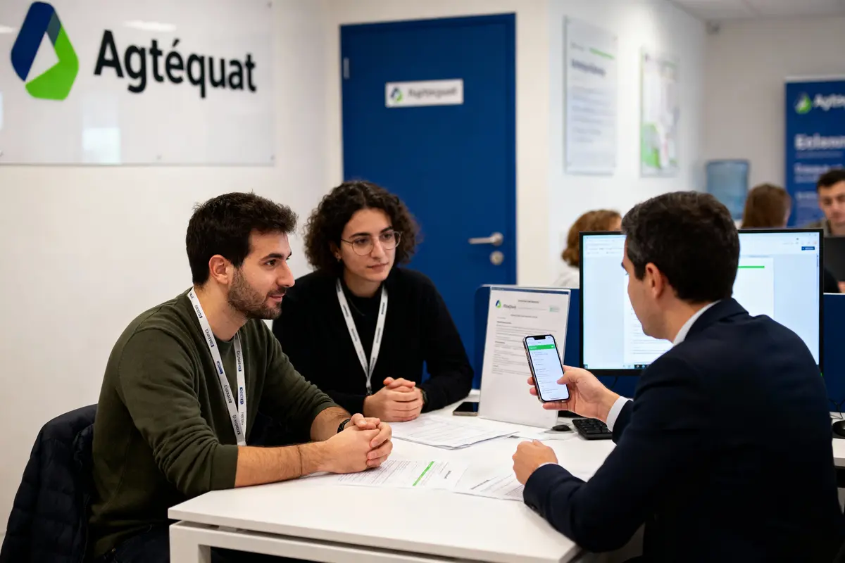 Trois personnes en réunion autour d'un bureau, documents et écran d'ordinateur, logo "Agtéquat" visible.