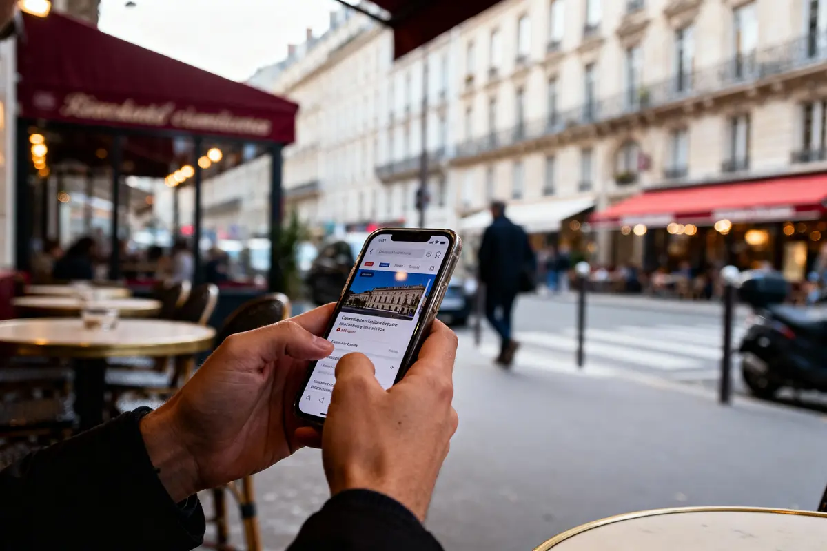 Personne utilisant un smartphone à une terrasse de café parisien, rue animée en arrière-plan.
