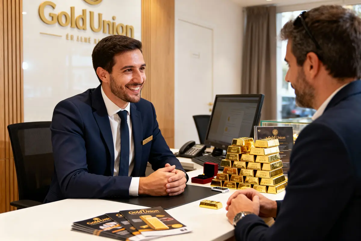 Un employé souriant discute avec un client devant des lingots d'or chez GoldUnion.
