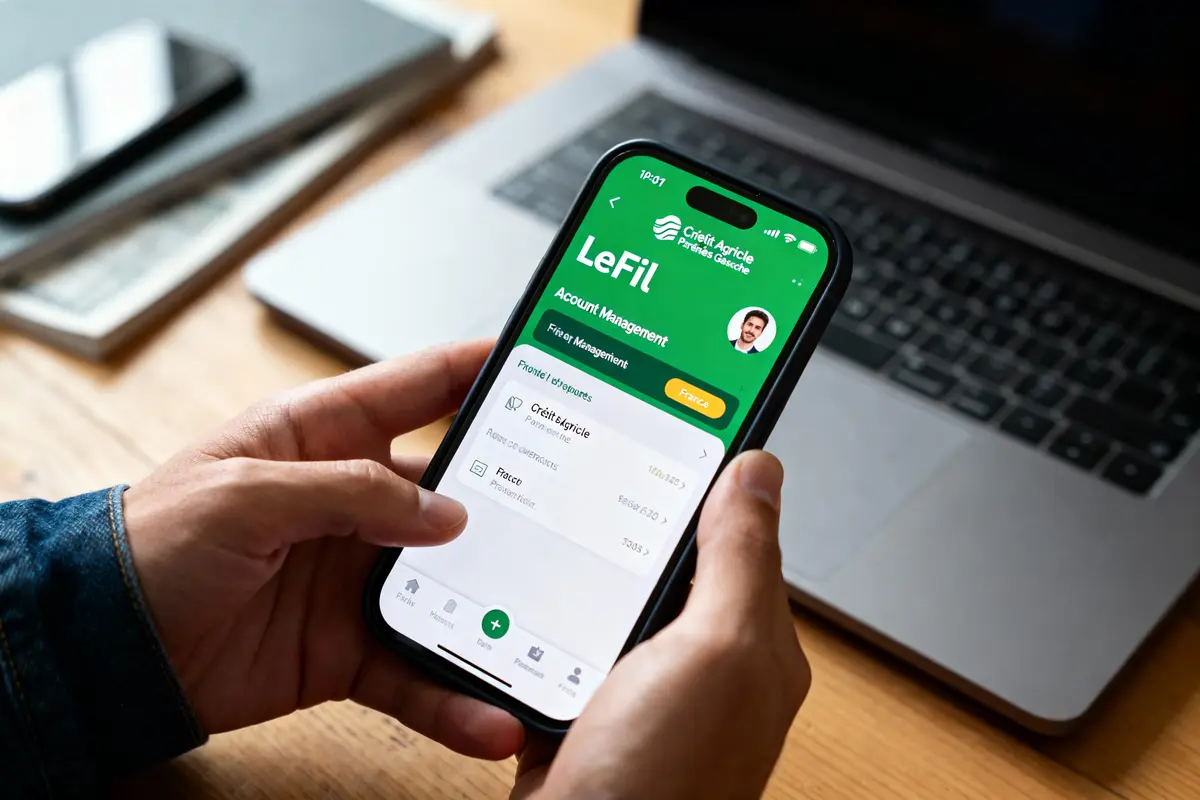 Personne tenant un smartphone affichant une application bancaire, avec un ordinateur portable en arrière-plan.