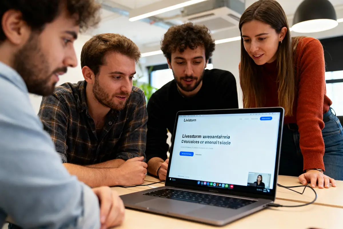 Quatre personnes regardent un ordinateur portable avec une présentation affichée à l'écran dans un bureau moderne.