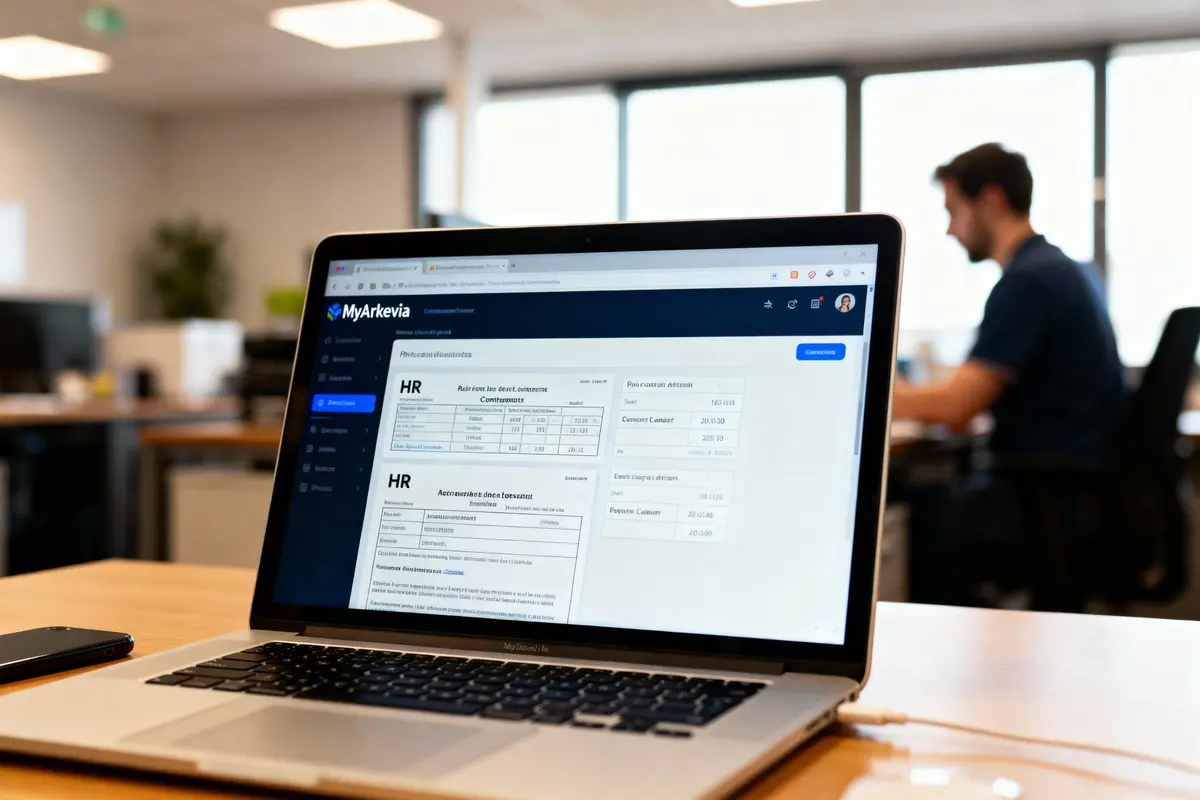 Ordinateur portable arrière-plan de bureau, écran affichant interface MyArkevia, personne floue travaillant en arrière-plan.