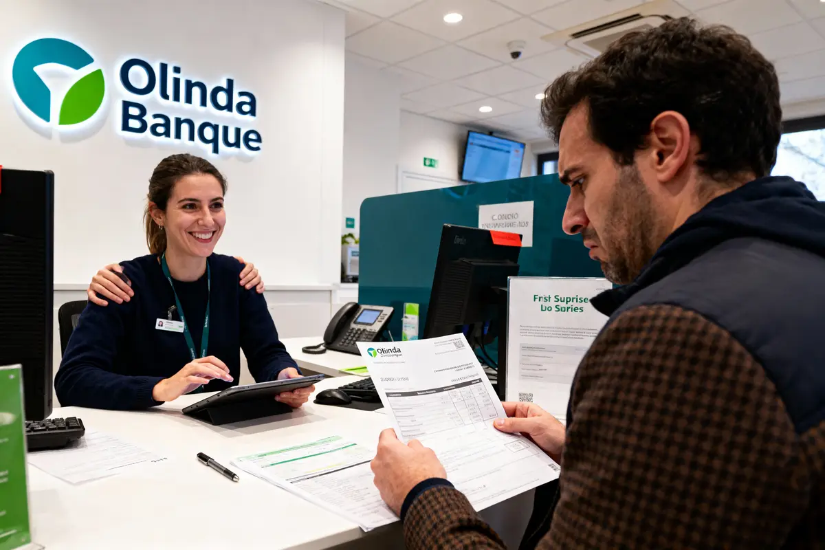 Employée souriante avec tablette, client tenant documents, à l'accueil d'une banque moderne nommée Olinda Banque.