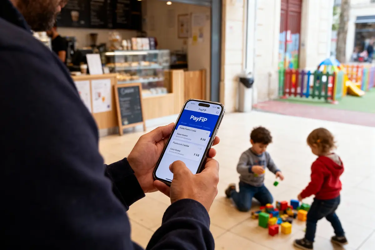 Personne utilisant une application de paiement sur smartphone devant un café, enfants jouant avec des blocs colorés.