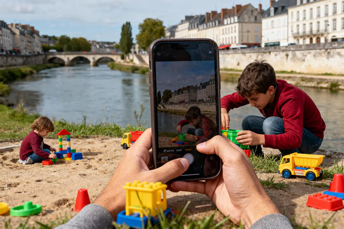 Enfants jouant avec des briques de construction près d'une rivière, une photo prise par smartphone.