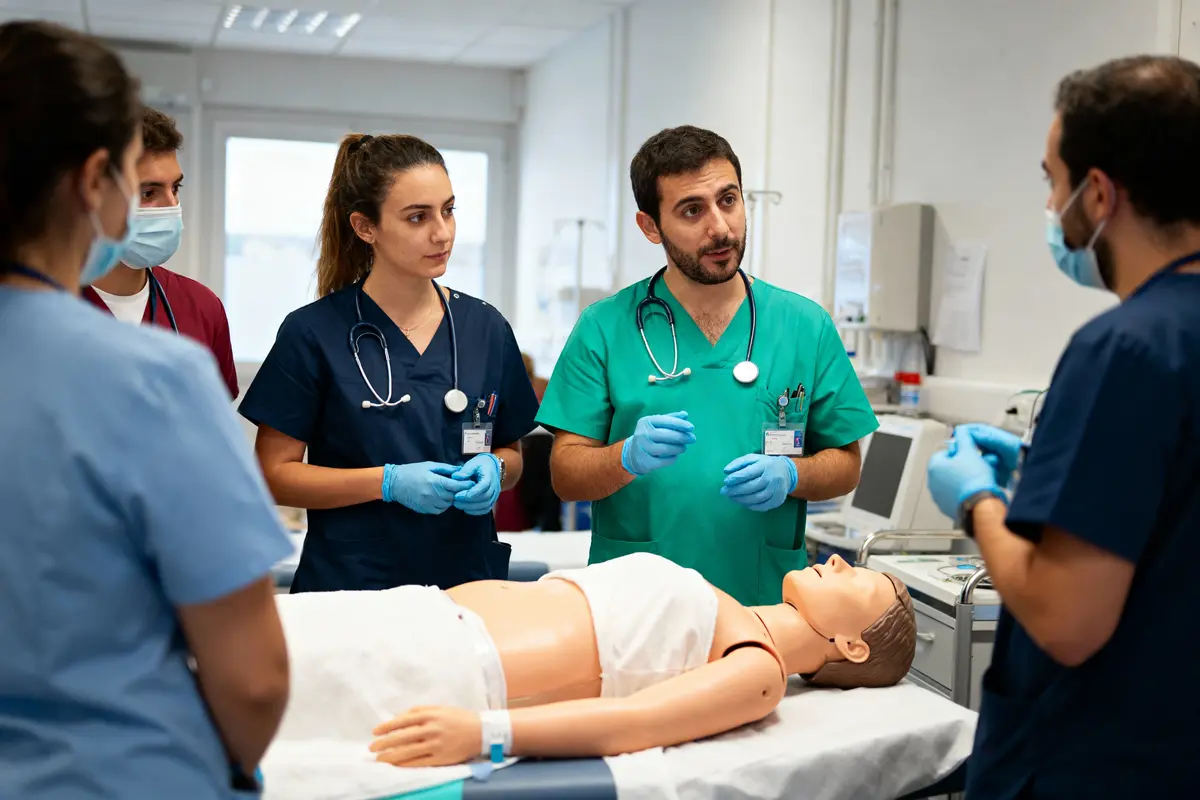 Des médecins en formation autour d'un mannequin médical dans une salle de soins.