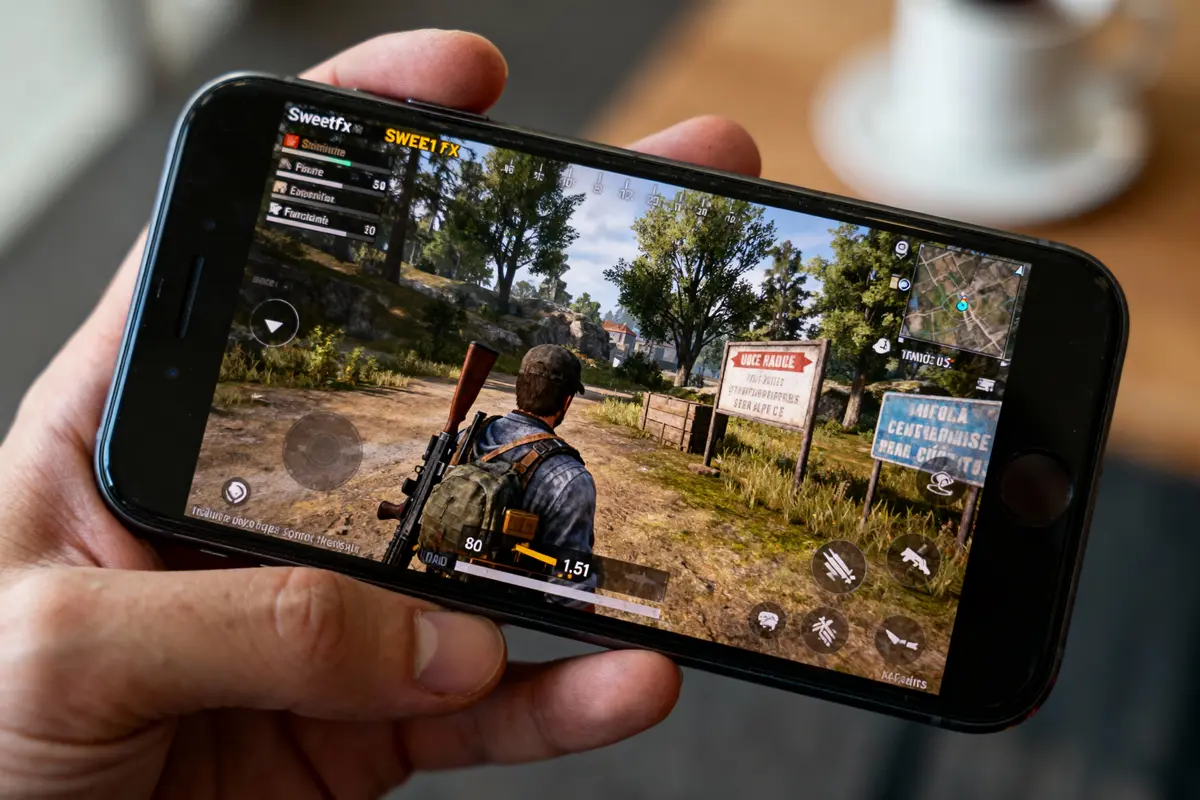 Main tenant un smartphone affichant un jeu vidéo immersif avec personnage et armes, scène extérieure boisée.