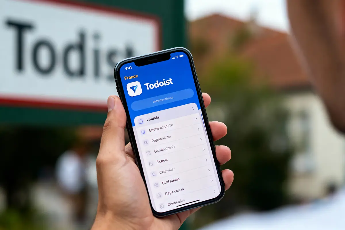 Personne tenant un smartphone affichant l'application Todoist, avec panneau "Todoist" flou en arrière-plan.