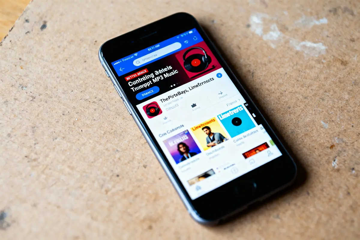 Smartphone affichant une interface de téléchargement de musique en ligne avec différentes catégories et images. Écran allumé.