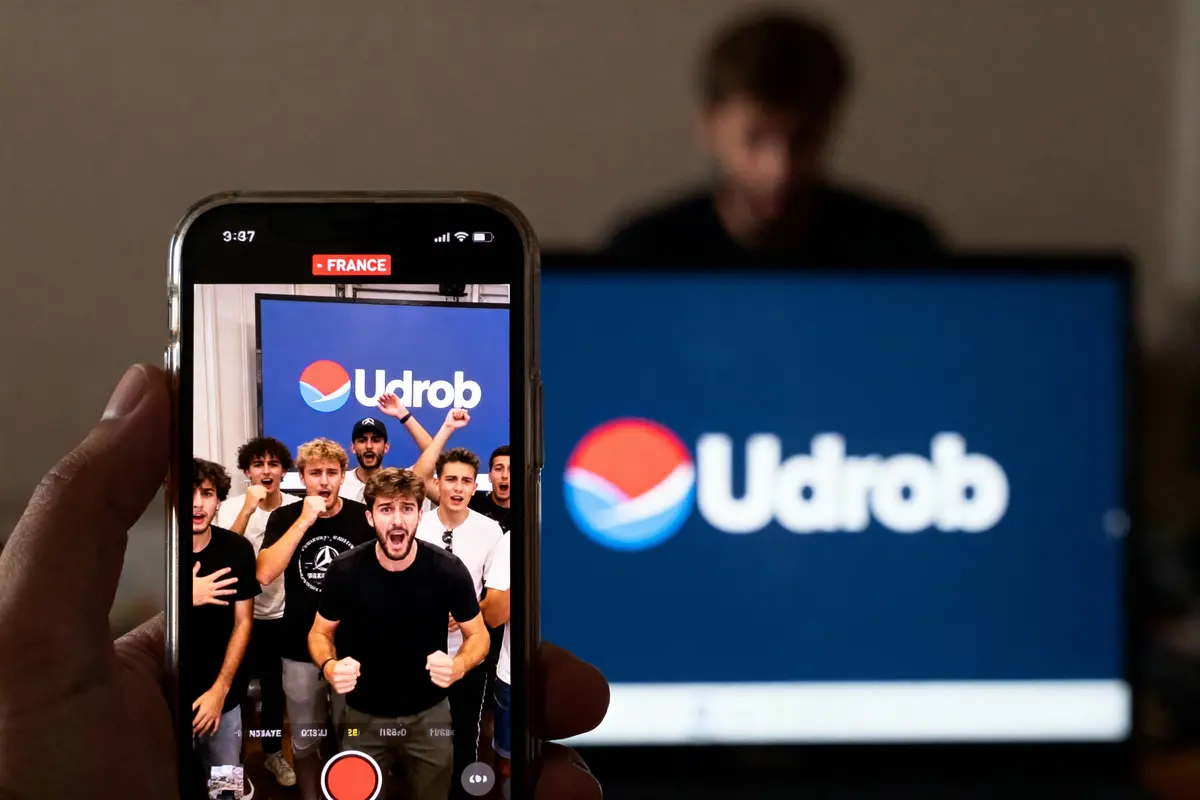 Écran de téléphone montrant huit personnes posant devant un logo Uderob sur fond bleu.