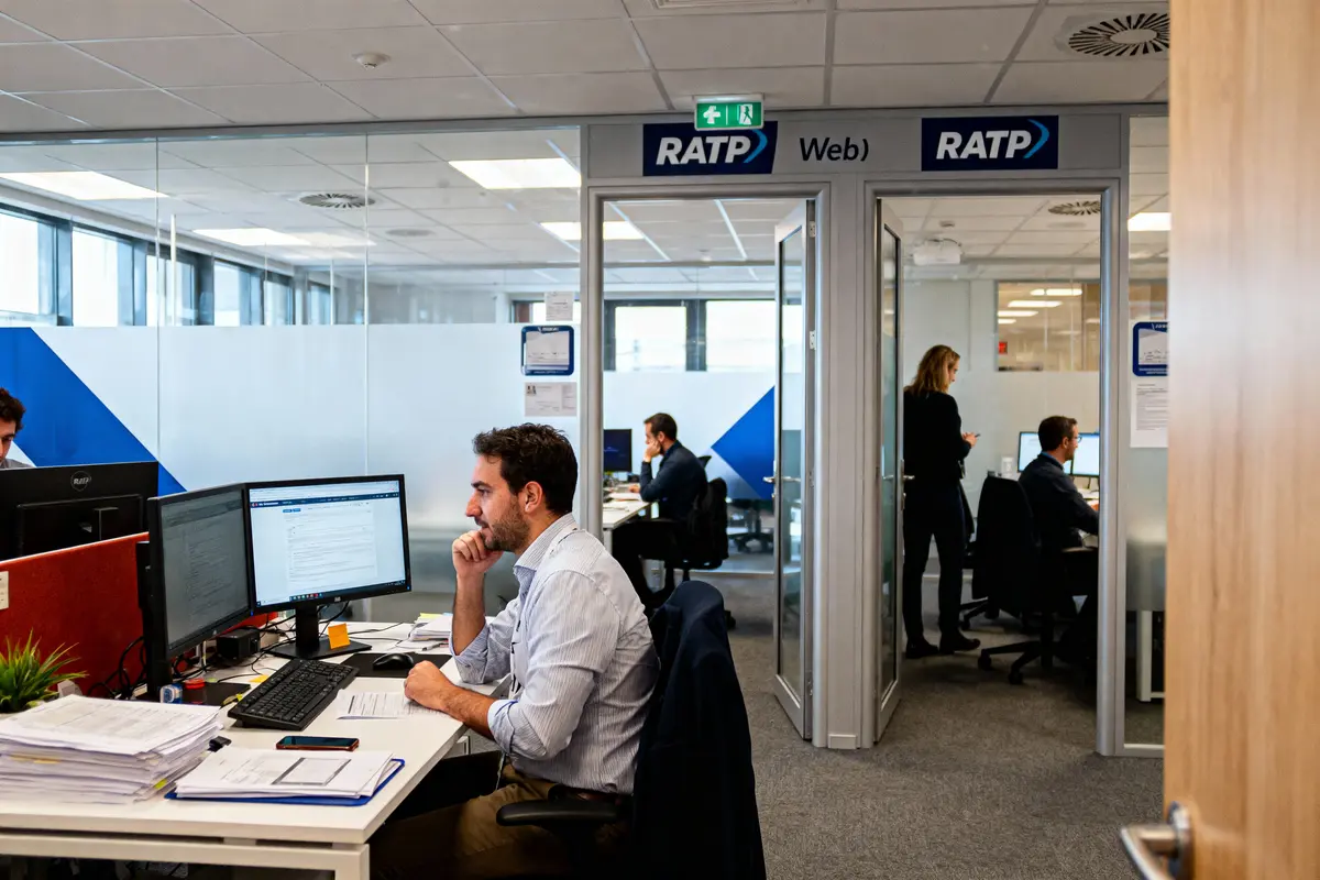 Bureaux RATP avec employés travaillant sur ordinateurs dans un espace ouvert et moderne, avec cloisons vitrées.
