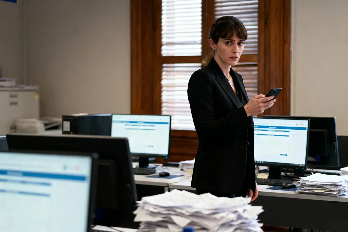 Femme en costume noir utilisant un smartphone dans un bureau avec ordinateurs et piles de papier.