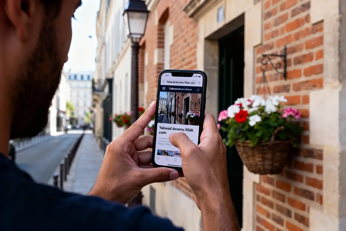 Personne utilisant un smartphone dans une rue avec des bâtiments en brique et panier de fleurs suspendu.