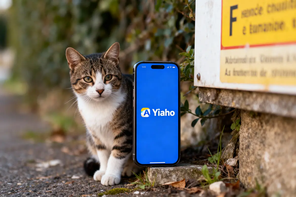Chat à côté d'un smartphone affichant "Yiaho" sur l'écran bleu, sur un trottoir extérieur.