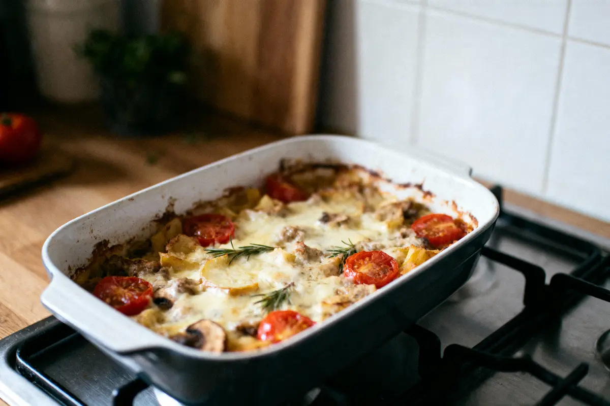 Plat en céramique blanc contenant un gratin au fromage, tomates cerise et herbes, posé sur une cuisinière.