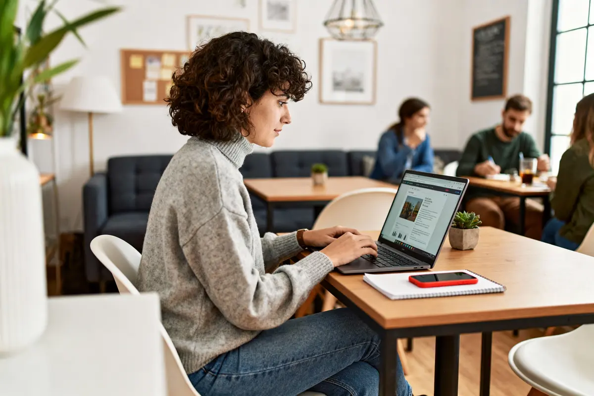 Femme avec pull gris, travaillant sur ordinateur portable dans un café avec d'autres personnes en arrière-plan.