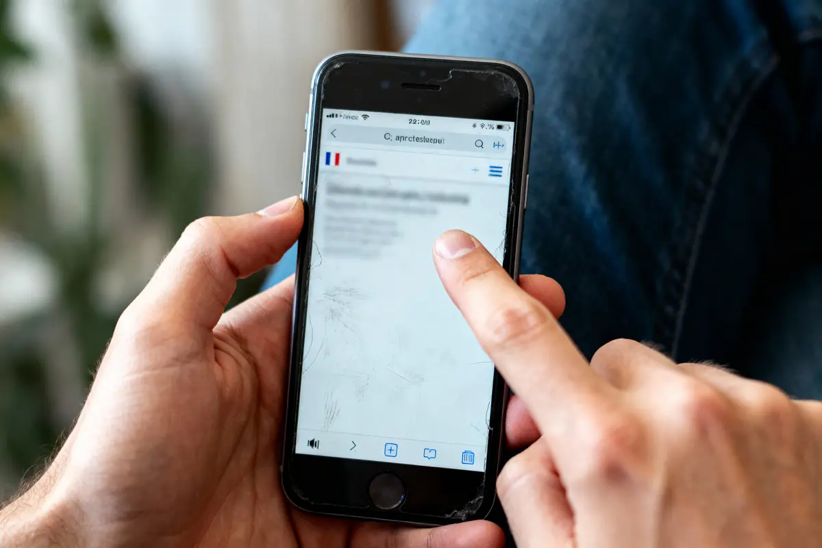 Personne utilise smartphone avec écran fissuré, affichant site web en français, index pointant sur l'écran.