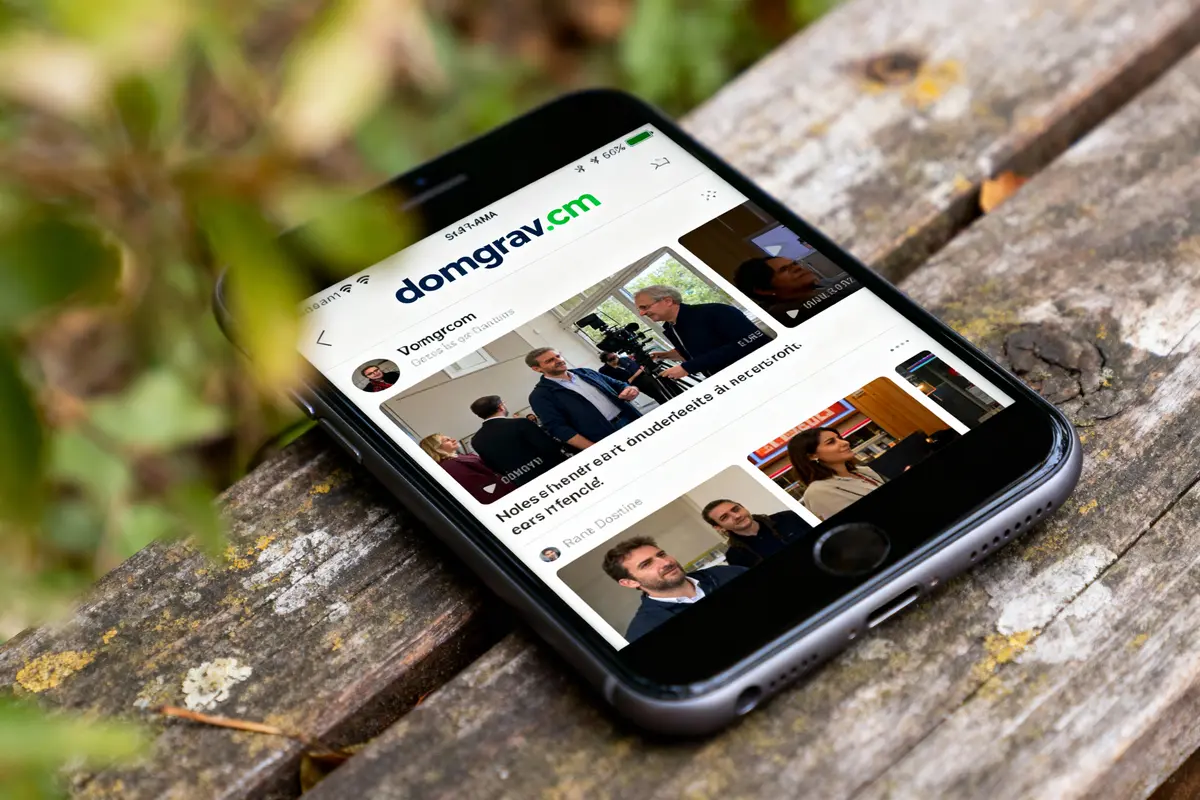 Smartphone affichant un site web sur un banc en bois, avec feuillage flou en arrière-plan.
