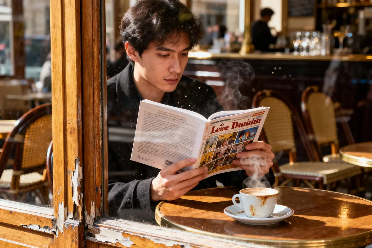 Homme lisant une bande dessinée dans un café, avec une tasse de café fumante sur la table.