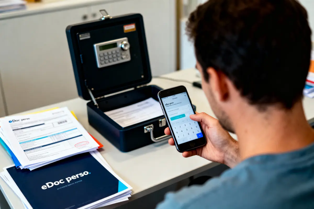 Homme utilisant un smartphone près d'une boîte sécurisée avec documents "eDoc perso" empilés.