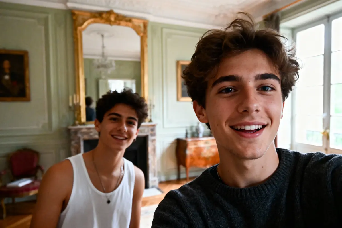 Deux jeunes hommes souriants prennent un selfie dans un salon élégant avec miroir et cheminée.