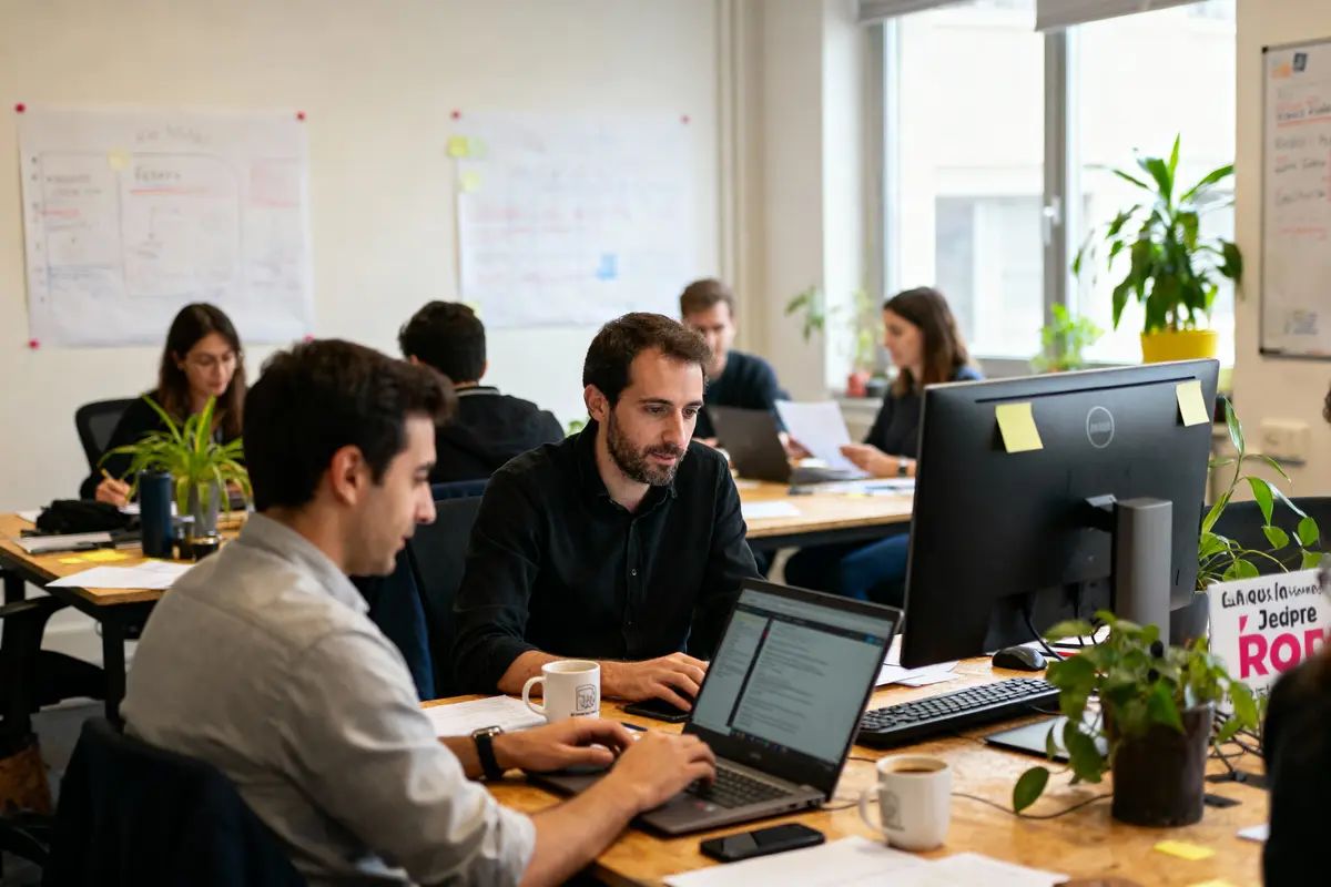 Personnes travaillant dans un bureau, utilisant des ordinateurs portables et des ordinateurs de bureau, entourées de plantes.