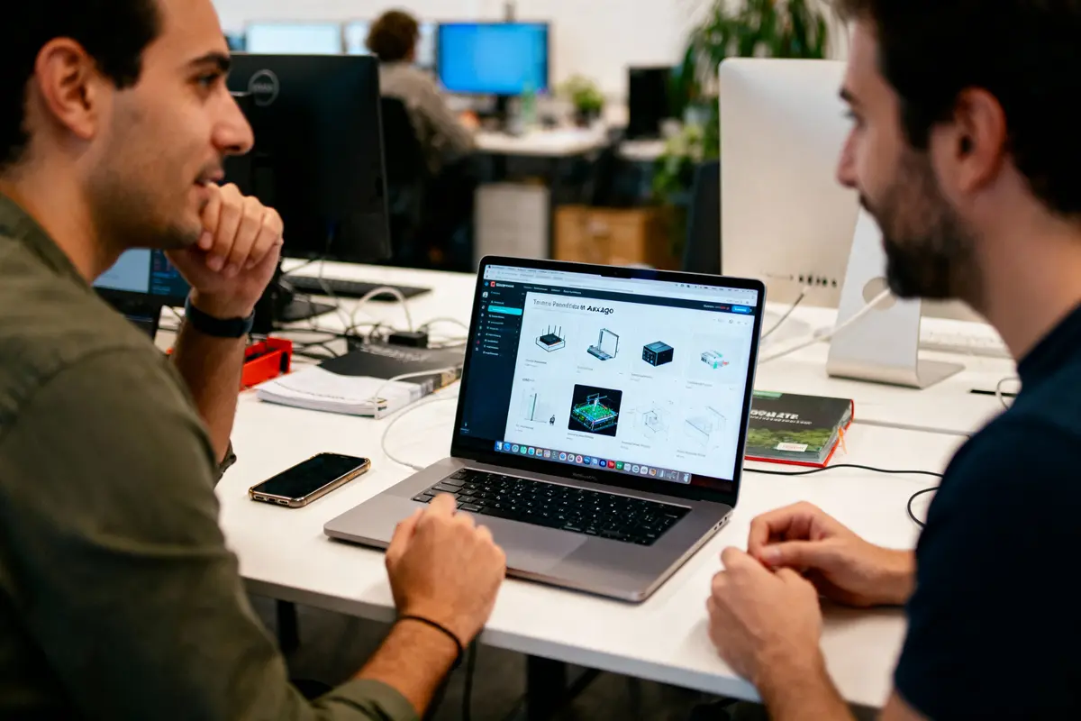 Deux hommes discutant devant un ordinateur portable affichant des modèles 3D de produits technologiques sur un bureau.